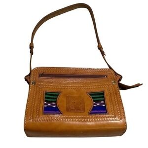 Handmade Tooled Leather Mexican Shoulder Bag Boho Woven Textile Artisan Purse